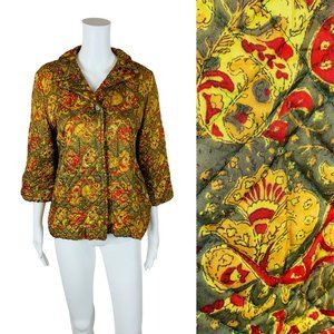 Vintage 60s Quilted Paisley Bed Jacket Red Green Mid Century Lingerie